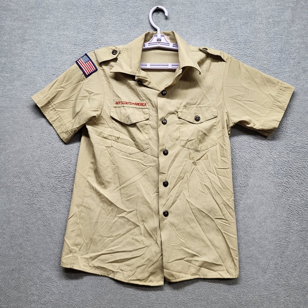 VINTAGE Boy Scouts Of America Boy Button Up Shirt XL Khaki Outdoor Hiking READ